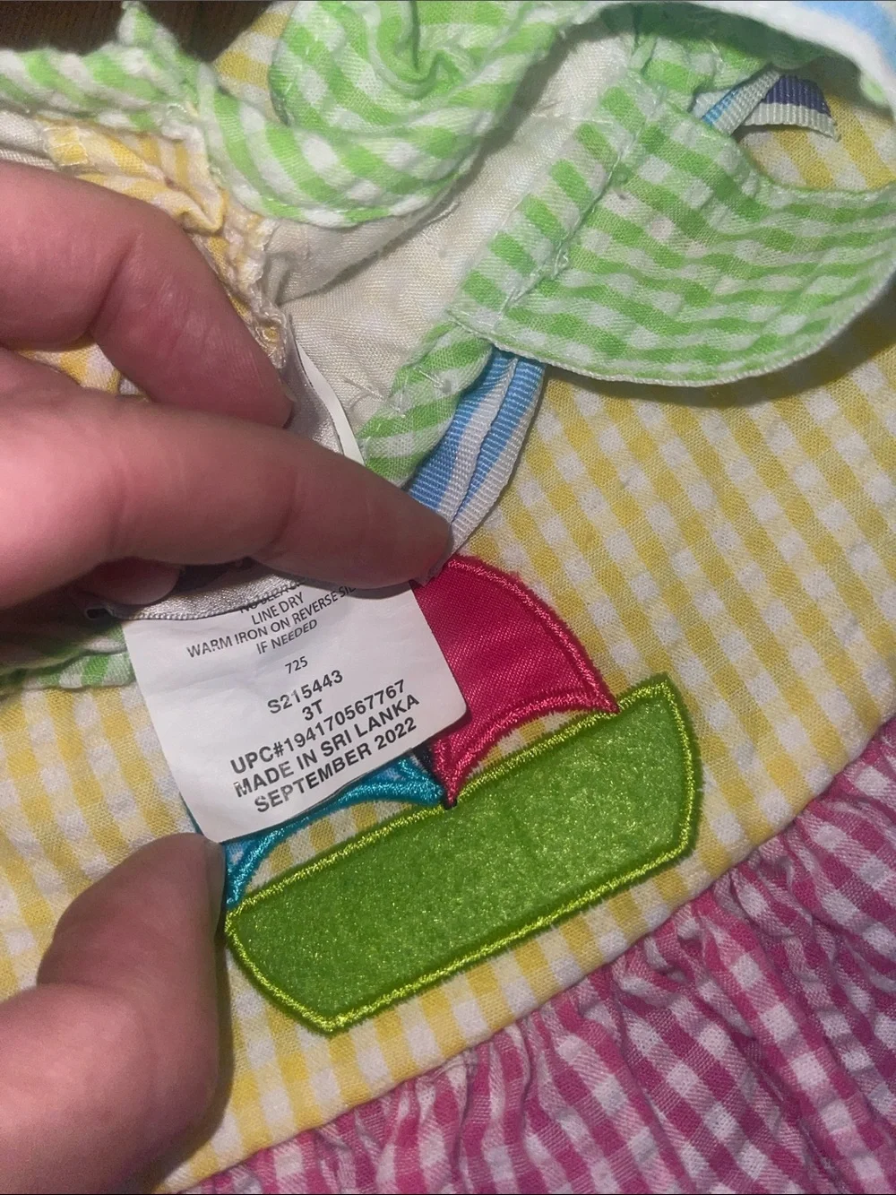 SEERSUCKER Rare Editions Yellow Pink Blue Gingham Appliqué Sundress
